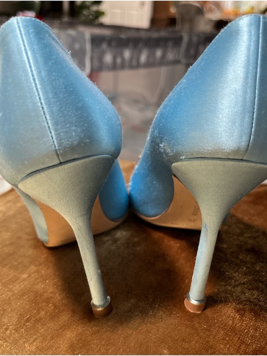 Manolo Blahnik Light Blue Satin Pumps with Gold Crystal Buckle - Picture 3 of 3